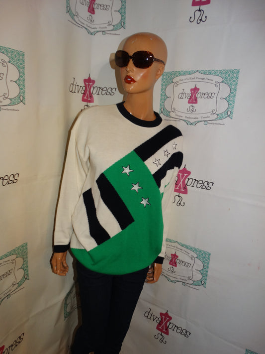 Vintage Lucia Cream Blue Star Sweater Size XL