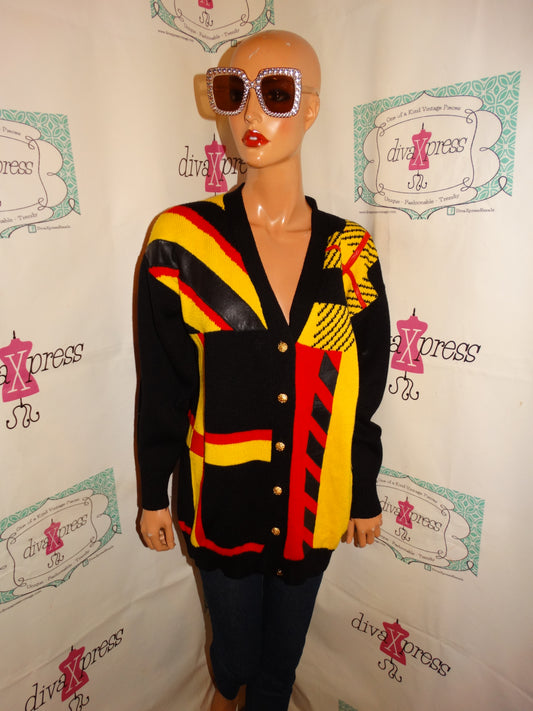 Vintage Suzelle Black Colorful Yellow Patch Leather Cardigan Size 1x