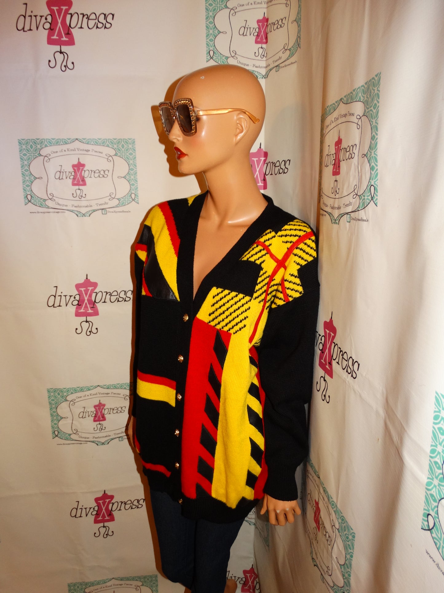 Vintage Suzelle Black Colorful Yellow Patch Leather Cardigan Size 1x