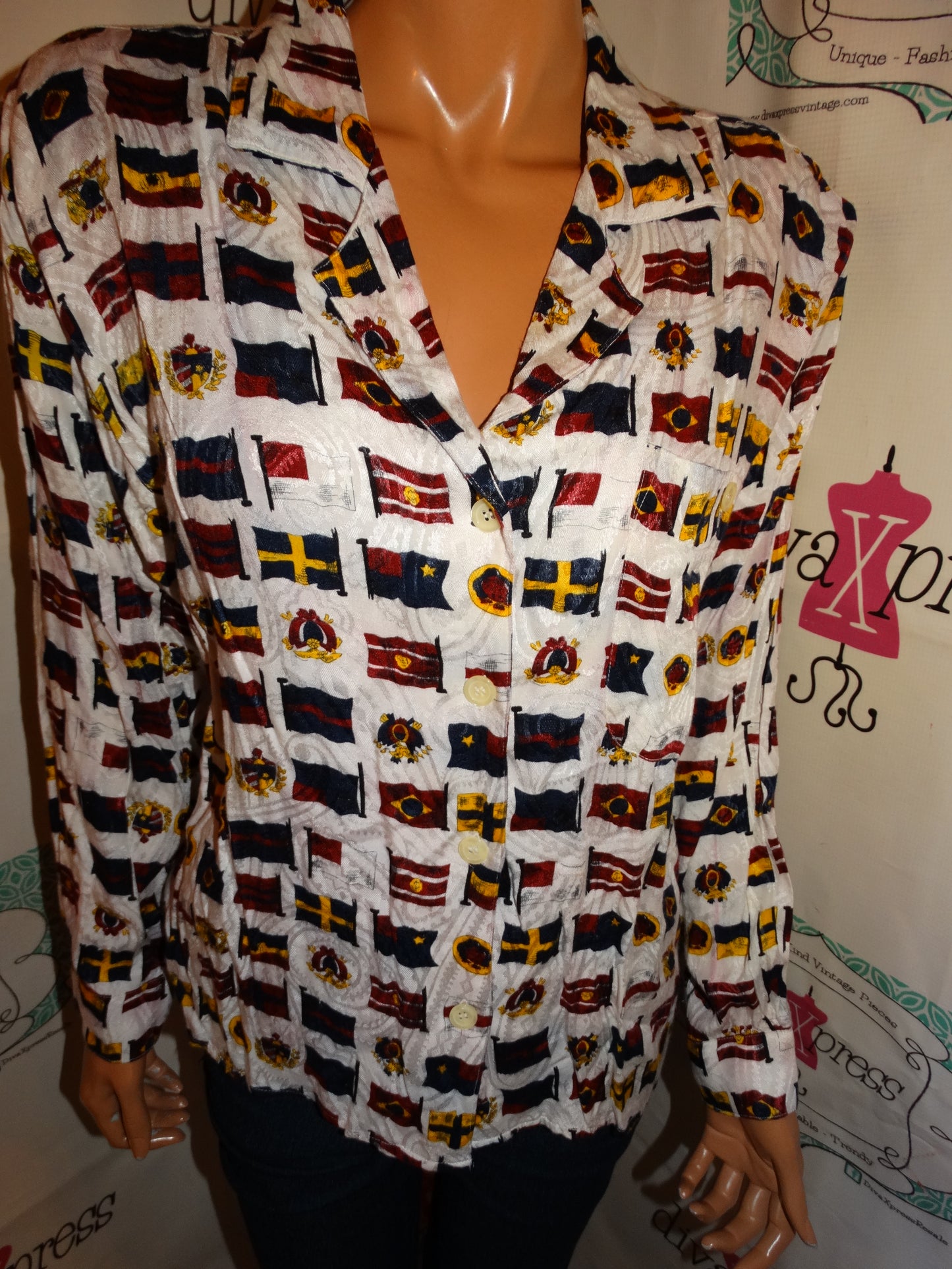 Vintage J.G. Cream Flag Blouse Size M