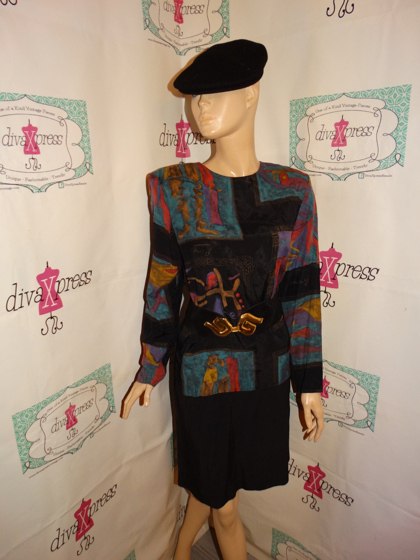 Vintage KC Spencer Black Colorful Dress (Belt/Accessories Not Included) Size L