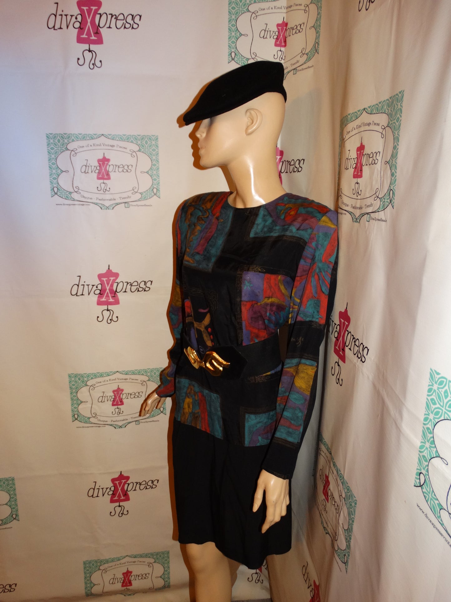 Vintage KC Spencer Black Colorful Dress (Belt/Accessories Not Included) Size L