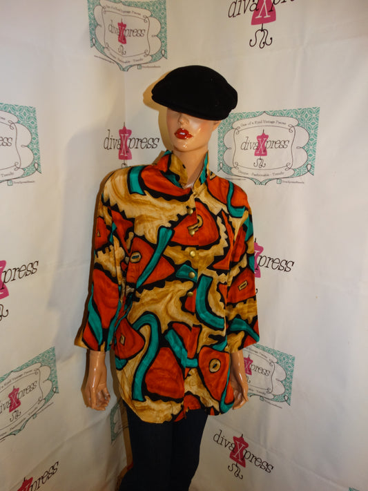 Vintage Tan/Green Colorful Blouse Size L
