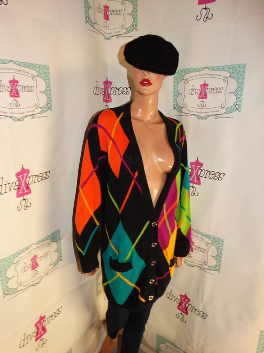 Vintage IB Diffusion Black Colorful Cardigan Sweater Size 2x