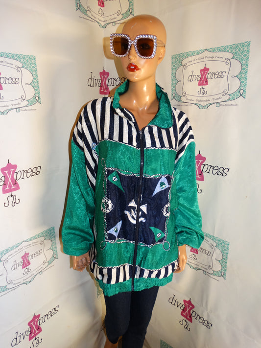 Vintage Maggie Barnes Green/Blue White Bomber Jacket Size 3x