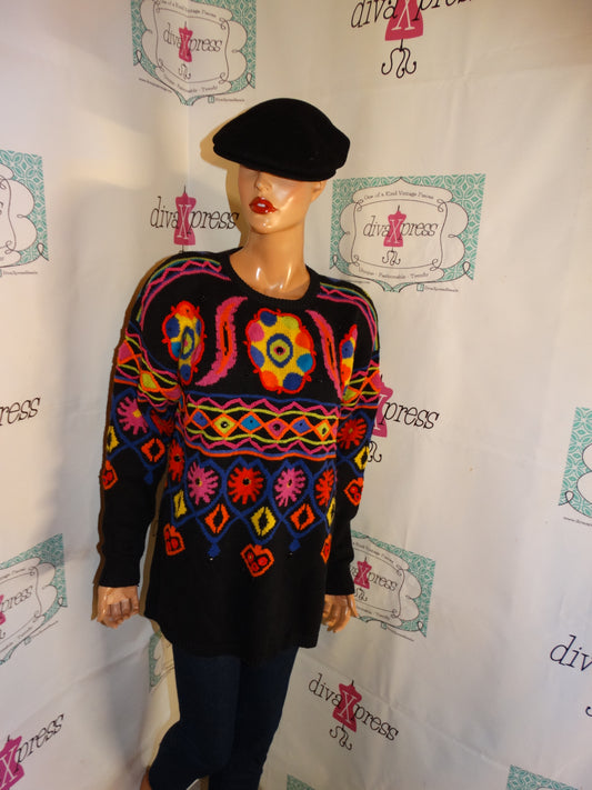Vintage Kitty Hawk Black Colorful Sweater Size M