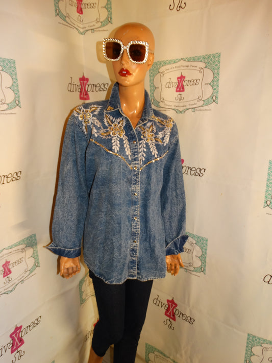 Vintage Tornado Acid Wash Gold Beaded Blouse Size L