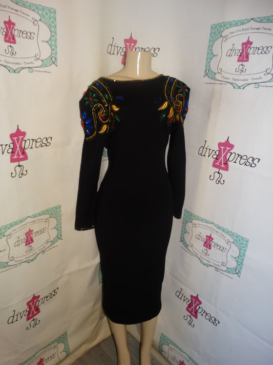 Vintage ST AL Black Beaded Dress Size M