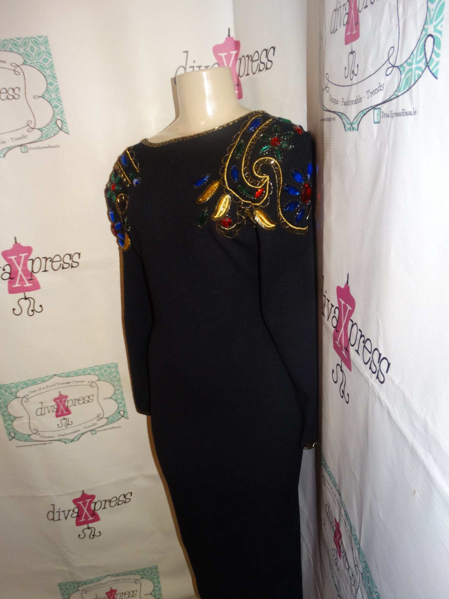 Vintage ST AL Black Beaded Dress Size M