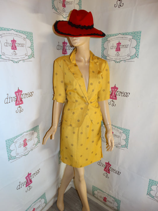 Vintage Mustard Yellow/Brown Polka Dot 2 Piece Skirt Set Size M