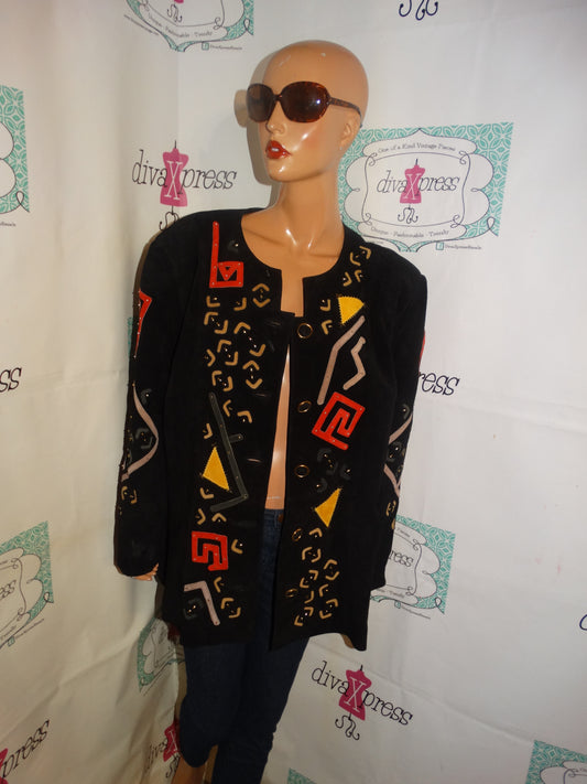 Vintage Jon Lawerence LTD Black Suede Colorful Jacket Size XL