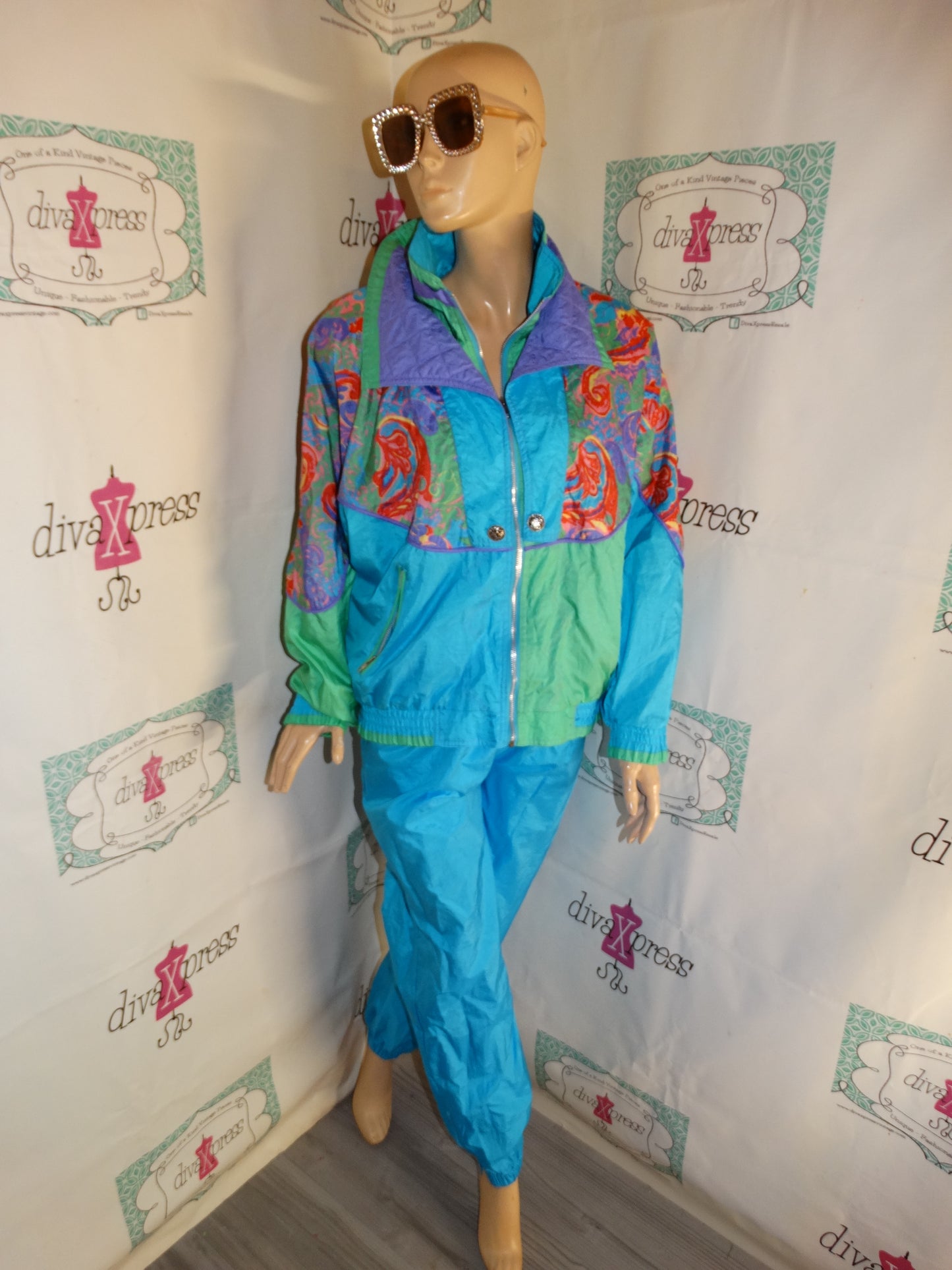 Vintage Neiman Marcus Turquoise Colorful 2 Piece Track Suit Size L