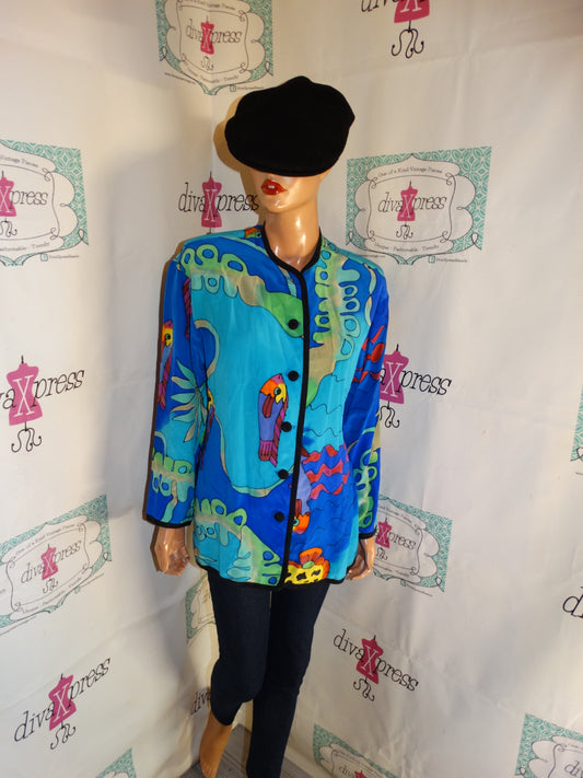 Vintage SilkScapes Blue Colorful Blouse Size L