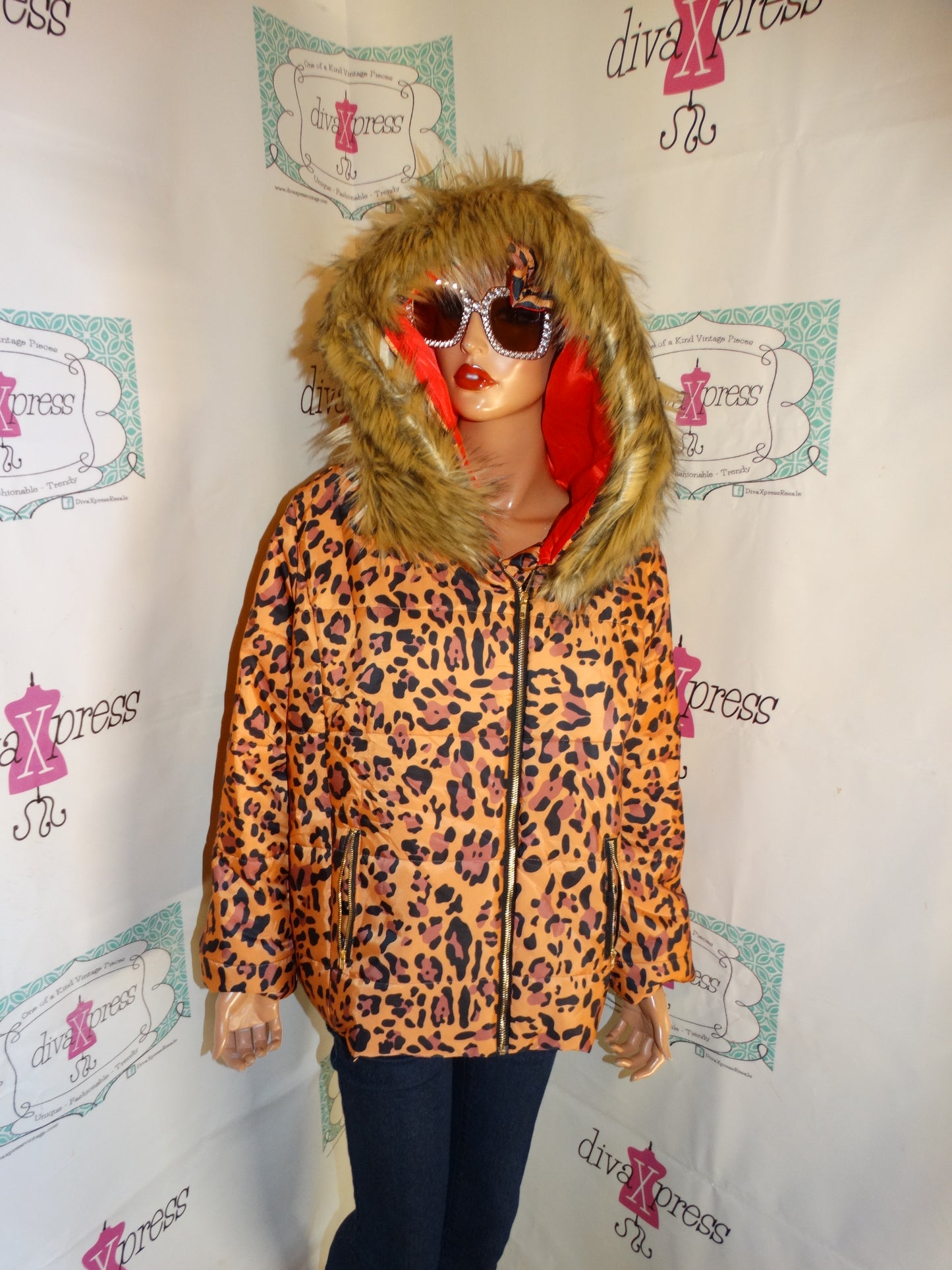 Vintage Leopard Faux fur Hood Jacket Size L