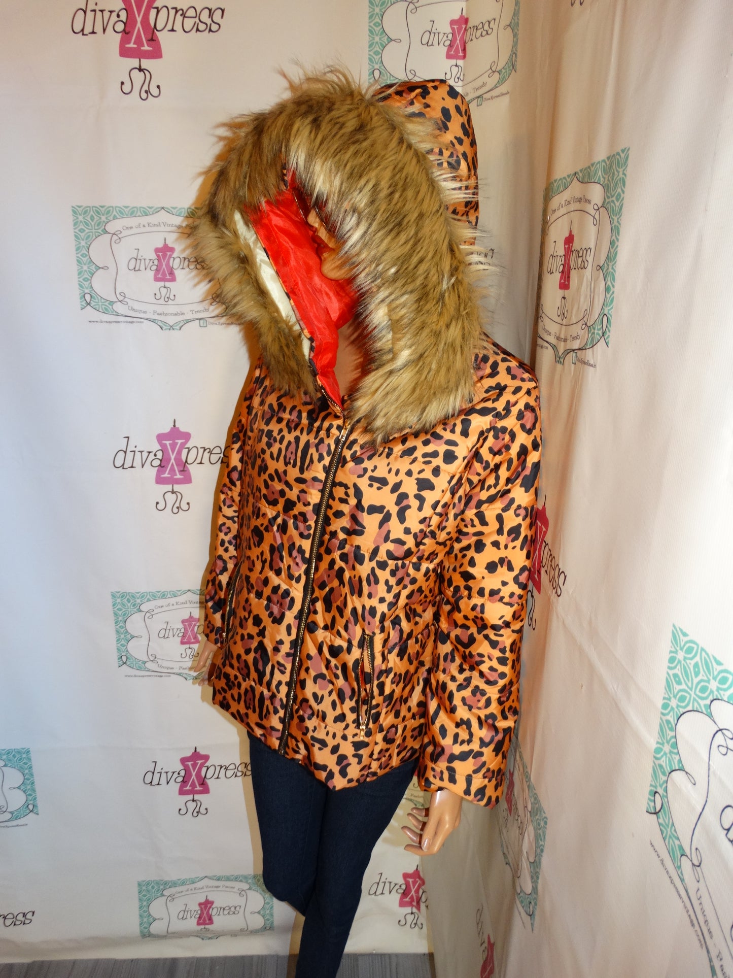 Vintage Leopard Faux fur Hood Jacket Size L