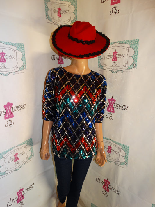 Vintage Praise Him Black Sequins Top Size XL