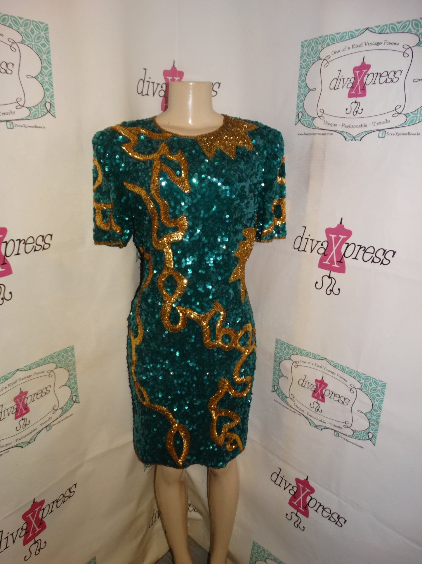Vintage Lawerence KAzar Green/Gold Sequins Dress Size M