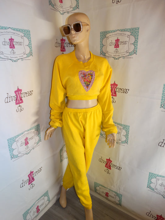 Vintage Manifest Yellow 2 Piece Lisa Frank Stamp Sweat Suit Size XL