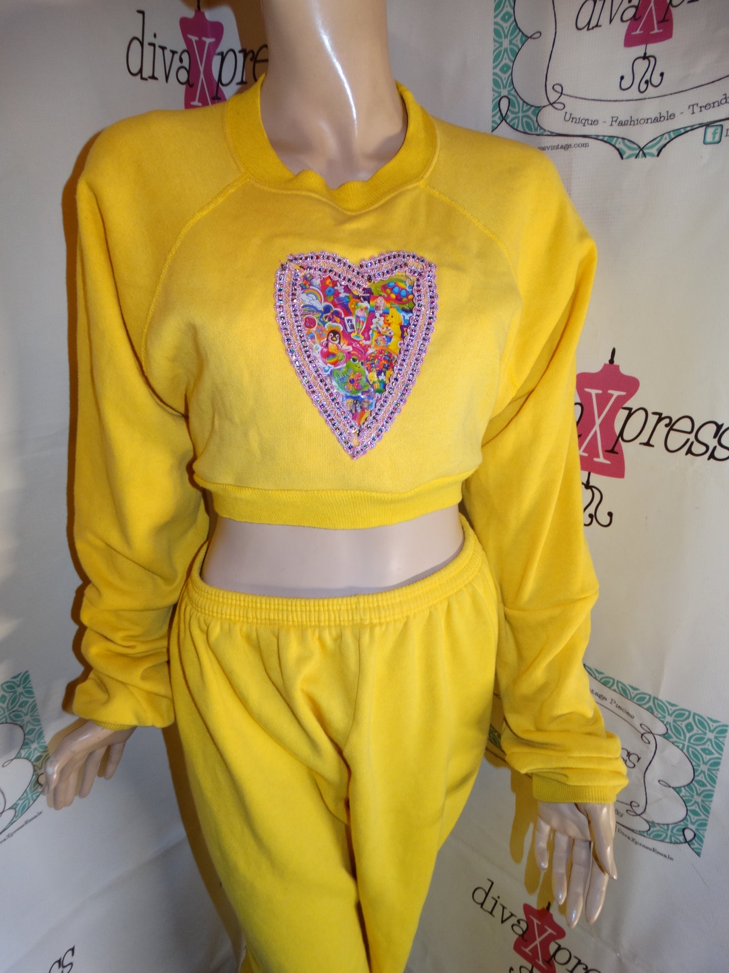Vintage Manifest Yellow 2 Piece Lisa Frank Stamp Sweat Suit Size XL
