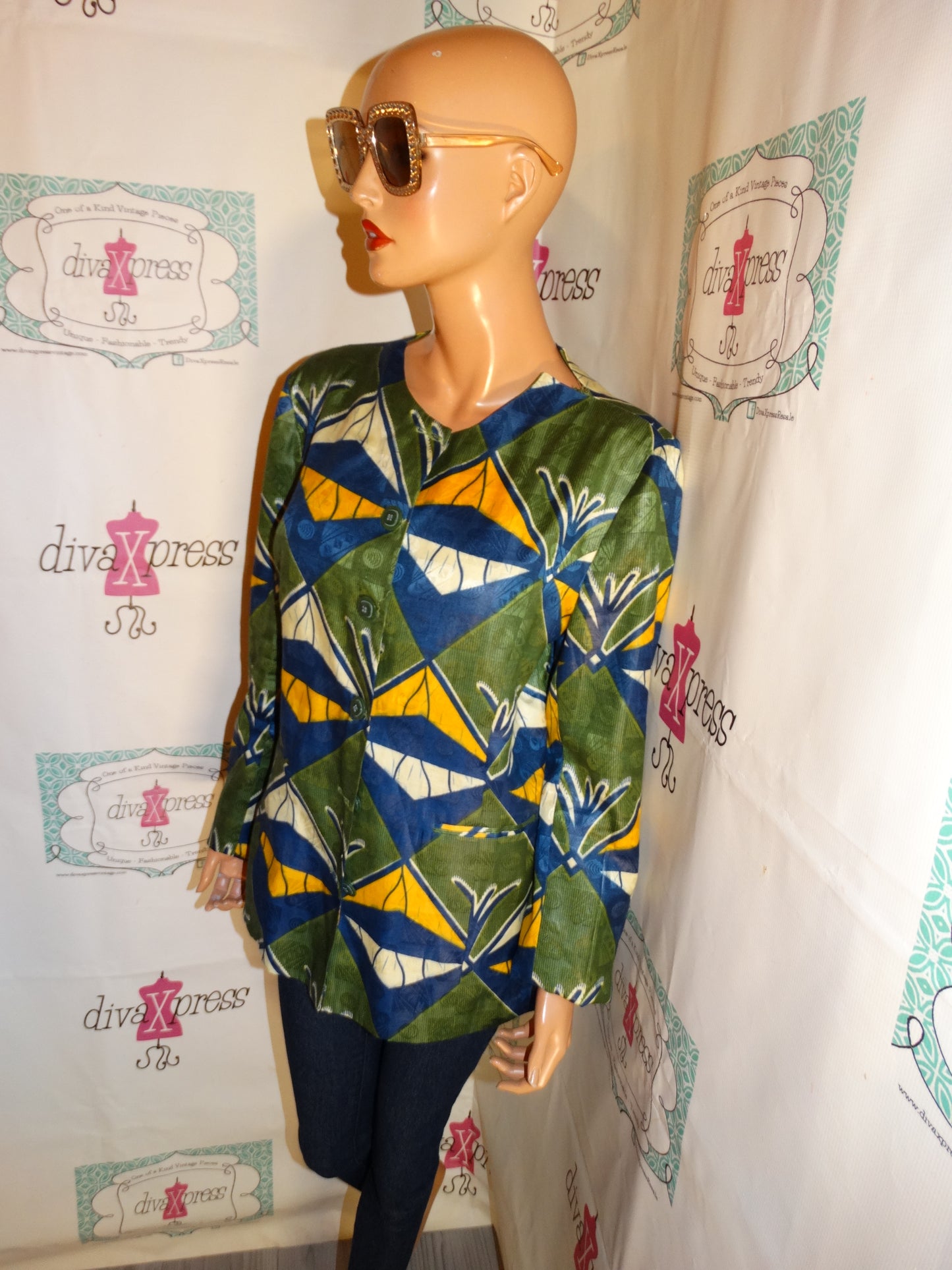 Vintage Phone Green/Blue Mustard Color Top Size XL