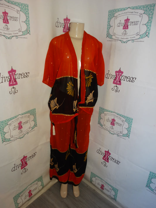 Vintage Orange /Black Gold Sheer  2 Piece Pants Set Size M