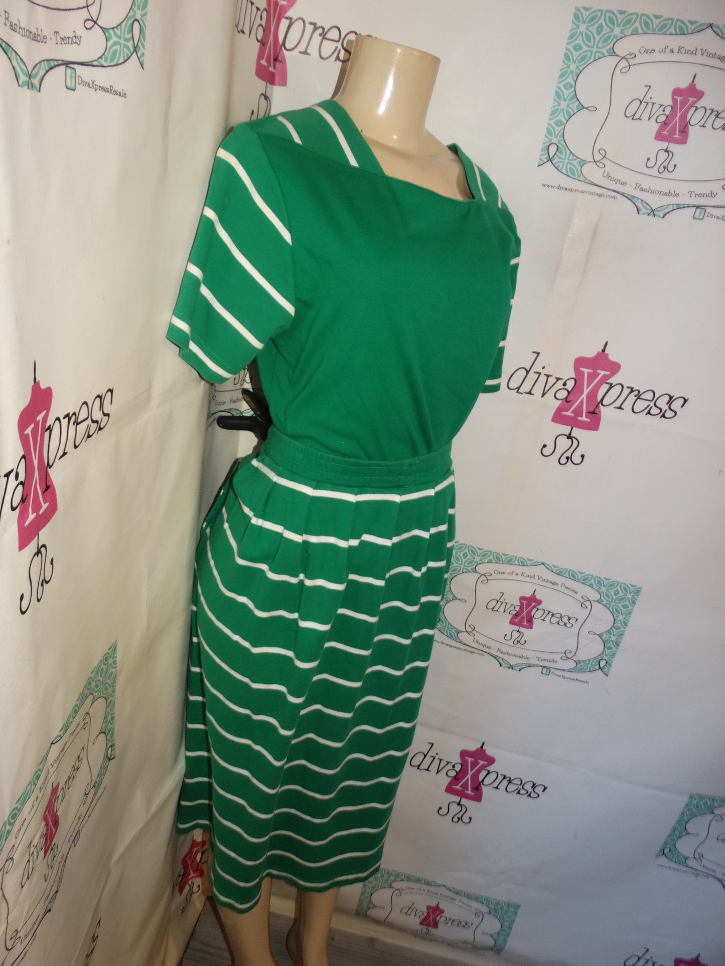 Vintage Talbots Green/White Stripe Skirt Set Size L