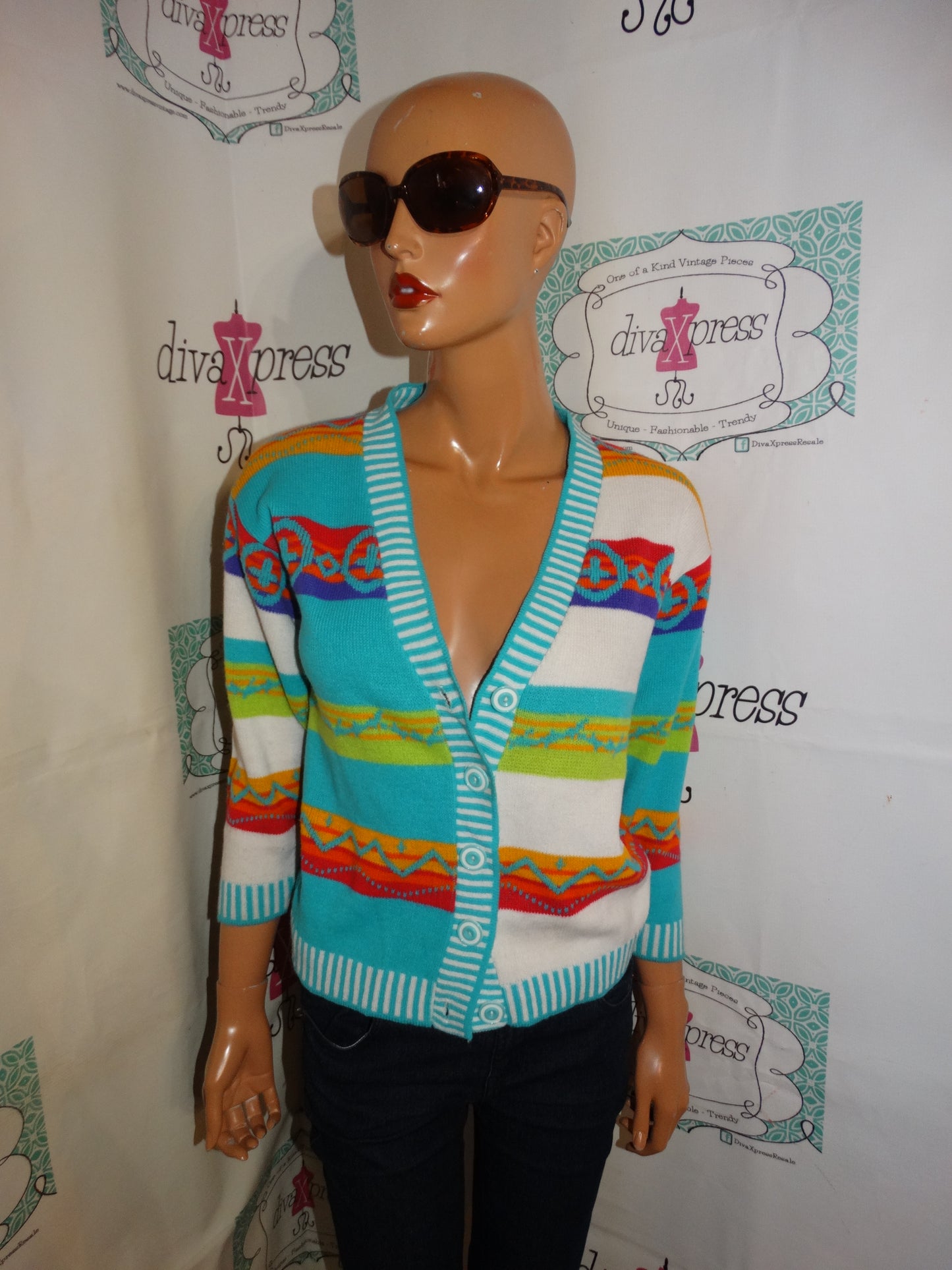 Vintage White Colorful Turquoise Cardigan Size S