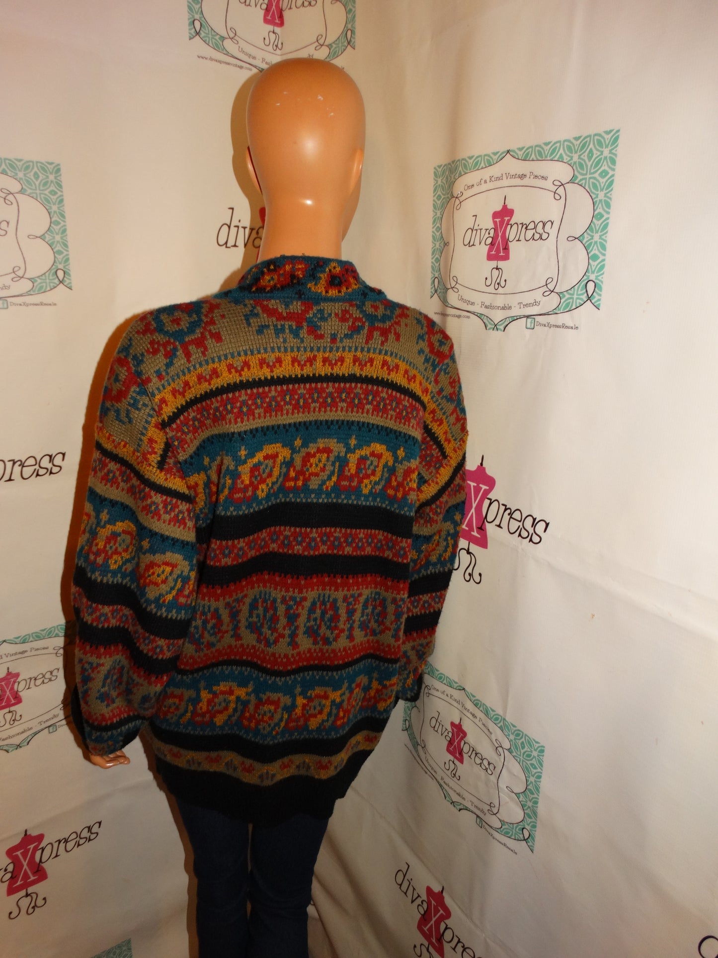 Vintage Zeppelin Green/Tan Colorful Cardigan Sweater Size 1x