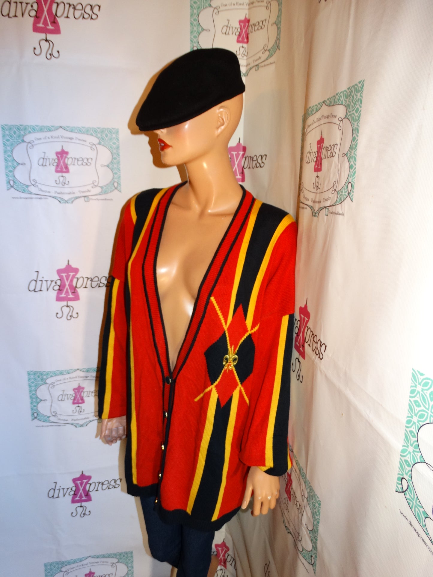 Vintage Marie Christina Red/Yellow Stripe Cardigan Sweater Size 3x