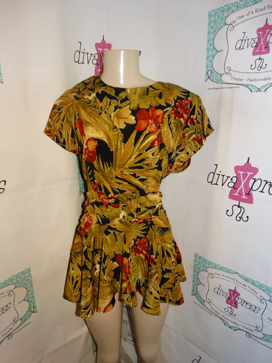 Vintage Von Bramlett  Green/Black Floral High Low Peplum Blouse Size L