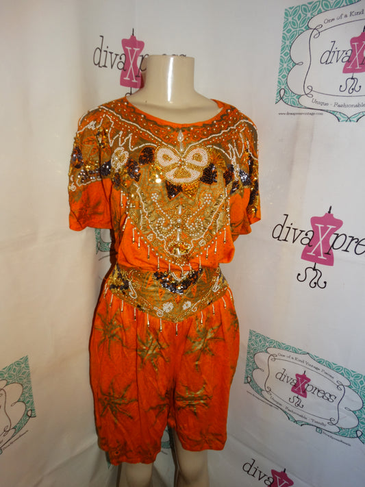 Vintage Orange Gold Beaded 2 Piece Short Set Size XL