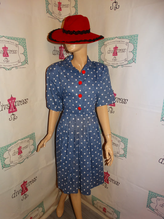 Vintage New Looks Blue/White Polka Dot Jean Dress Size M