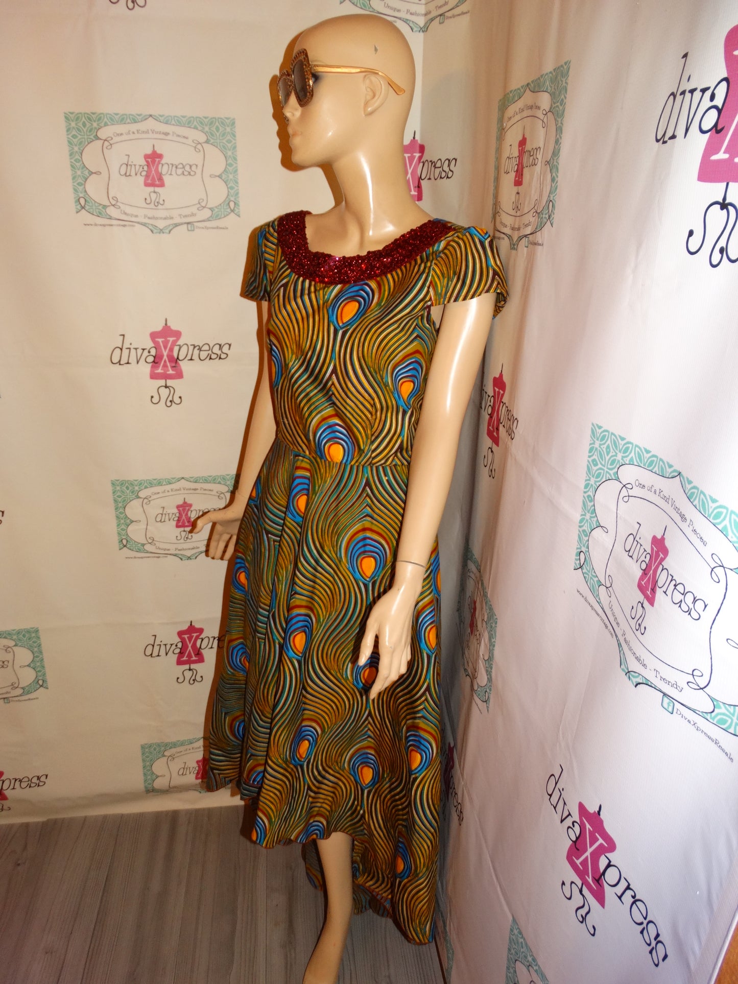 Vintage yellow/Burgundy  African Style Dress Size L