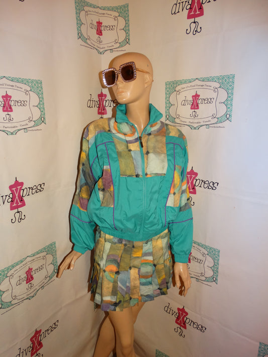 Vintage Jazz/Z Green Colorful 2 Piece Pleated Skirt Set Size S