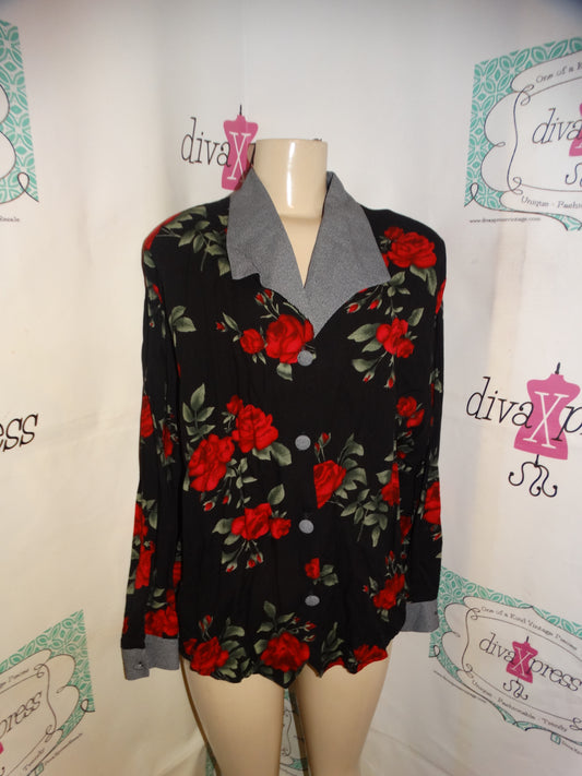 Vintage Jessica Scott Black Red Rose Blouse Size XL