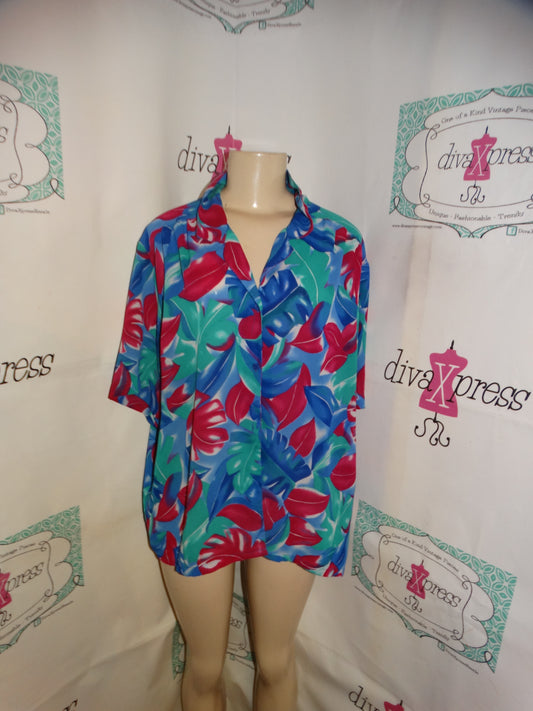 Vintage Koret Green/Blue Floral Blouse Size XL