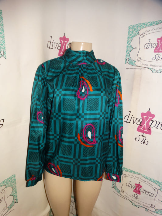Vintage Ship N Shore Green Pink/Orange Blouse Size M