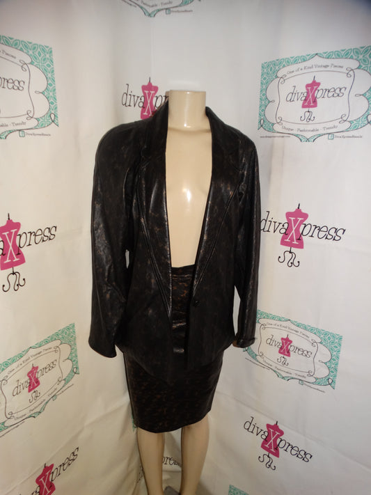 Vintage Suzelle Black Leather 2 Piece Blazer Skirt Set Size M  Brand New With Tags