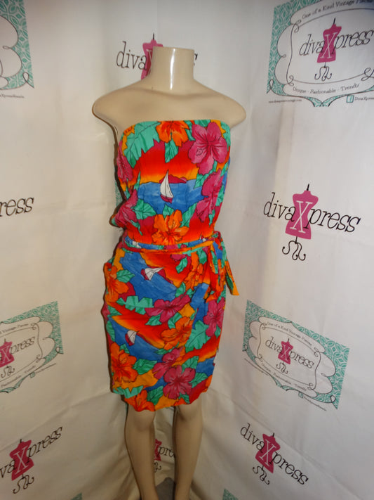Vintage Pink Floral Tube Top Wrap Skirt Dress Size L