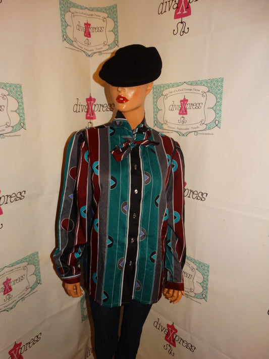 Vintage Koret Burgundy/Tan Bow Tie Blouse Size XL