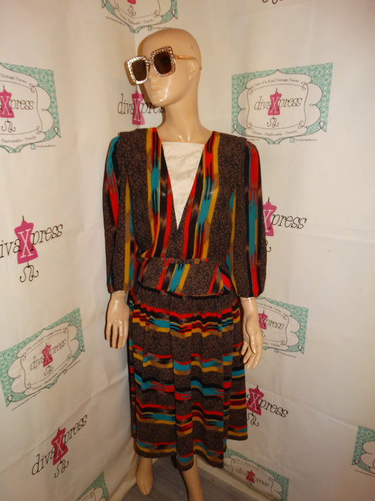 Vintage Leslie Fay Brown Colorul 2 Piece Skirt Set Size M
