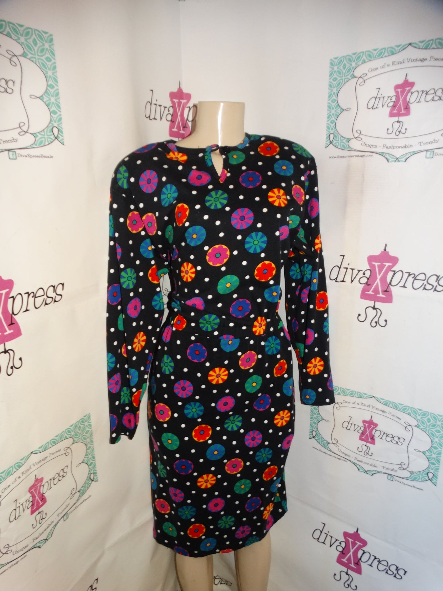 Vintage Liz Claiborne Black Colorful Dress Size XL