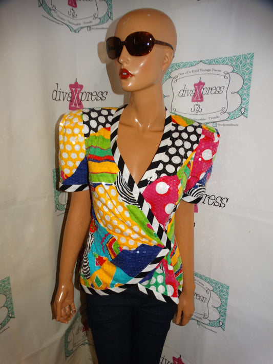 Vintage Lillie Rubin White Colorful Sequins Blouse Size S