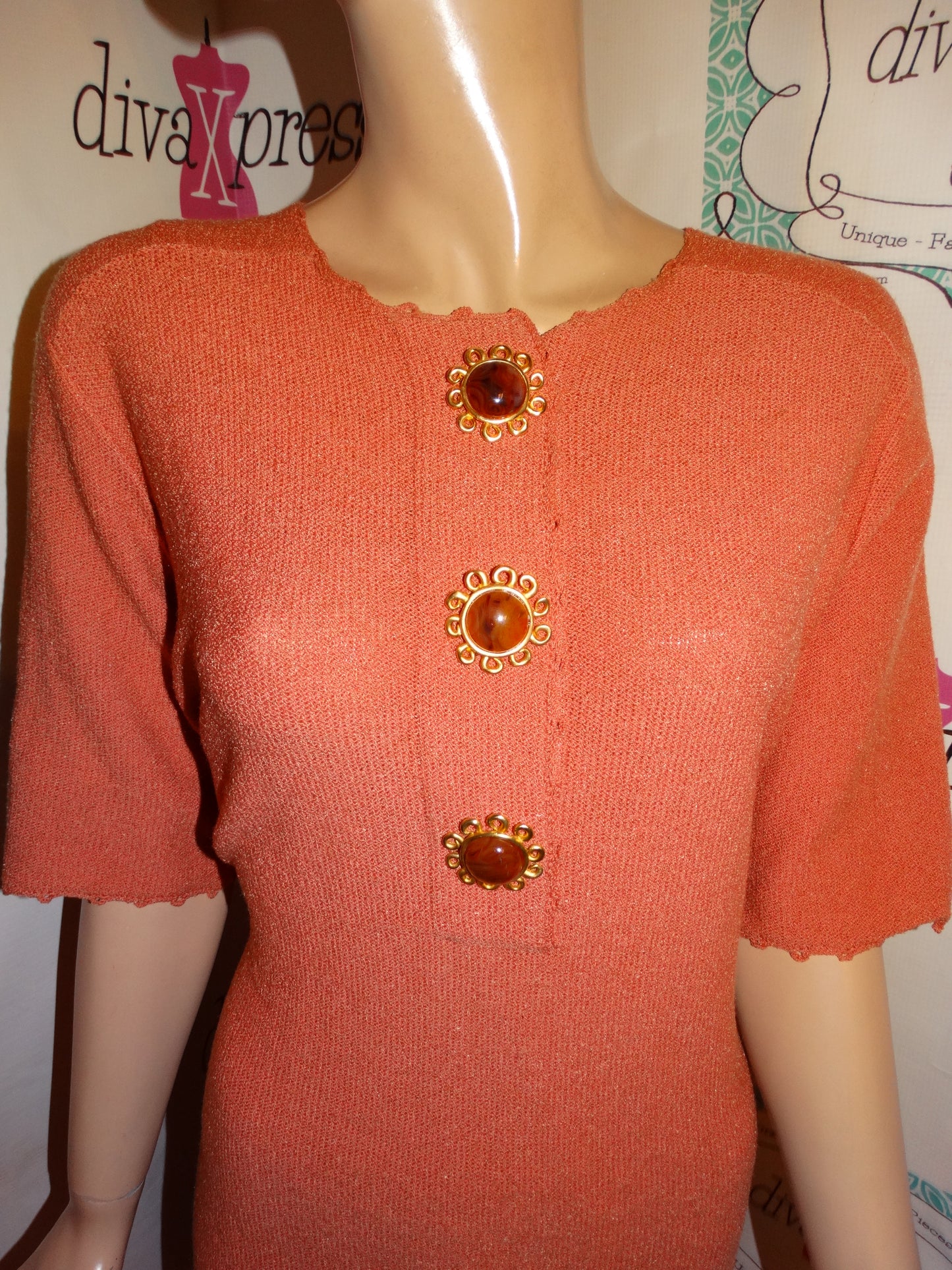Vintage Steve Fabrikant Coral Beaded Sweater Dress Size 1x