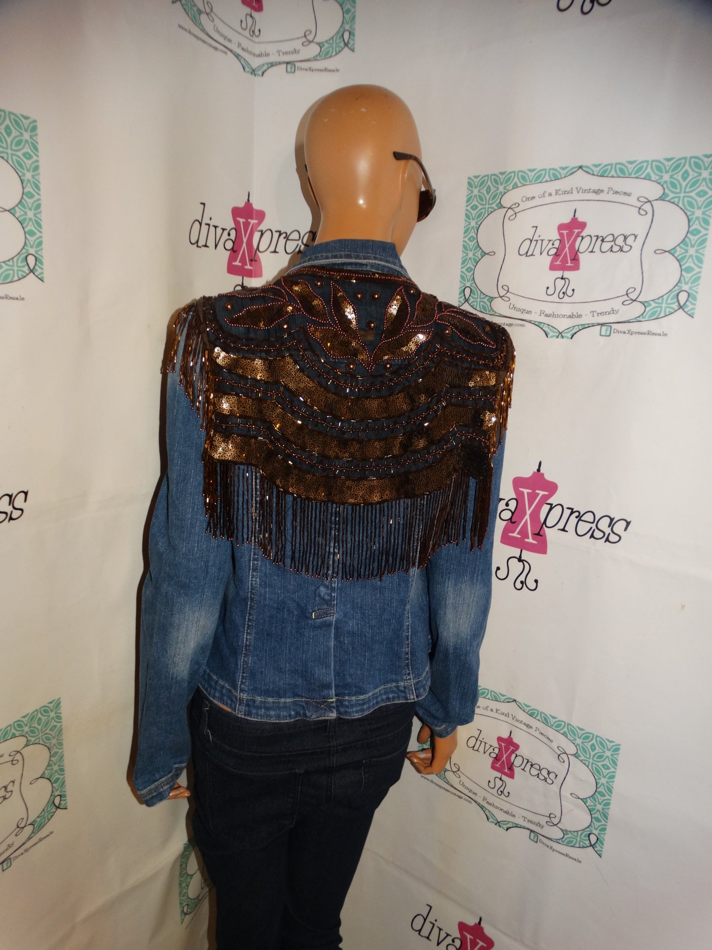 Vintage Jean Custom Jacket With Brown Beaded Size M