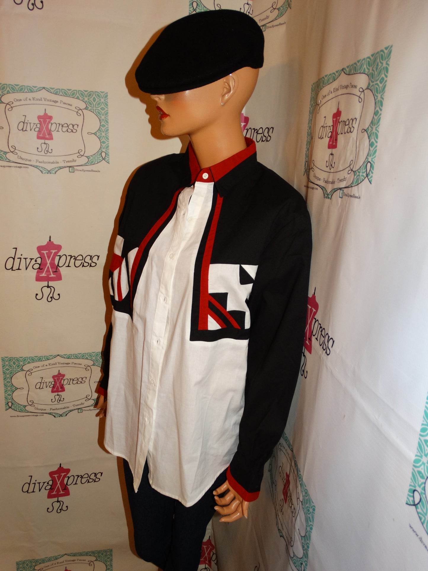 Vintage Spindle River Red/Black/White Blouse Size L