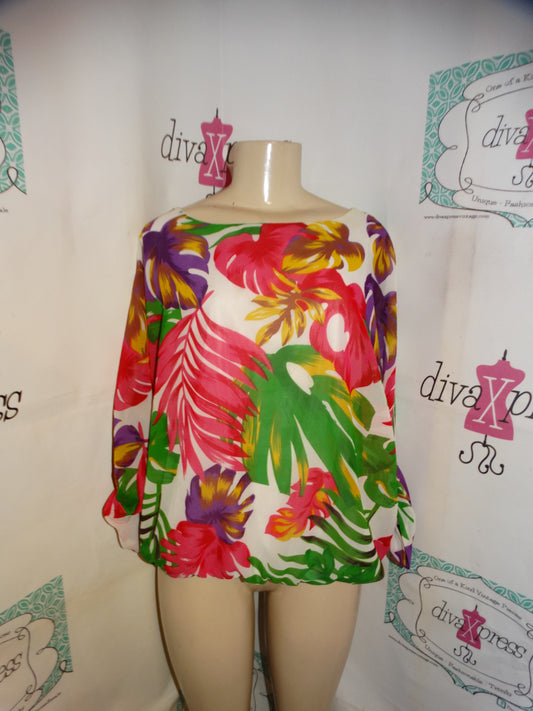 Vintage Shapely White Colorful Floral Blouse Size L