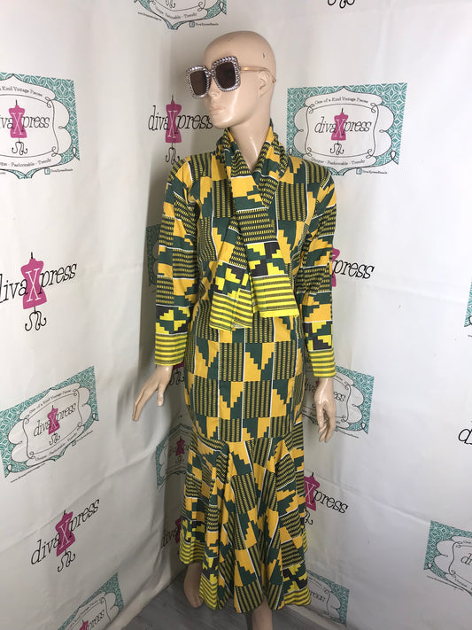 Vintage Yellow/Green Flare African Style Dress Size M