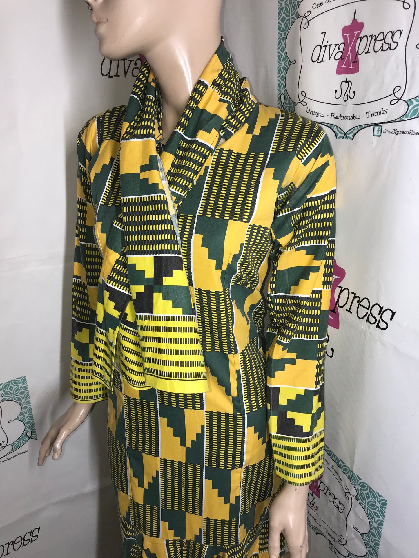 Vintage Yellow/Green Flare African Style Dress Size M