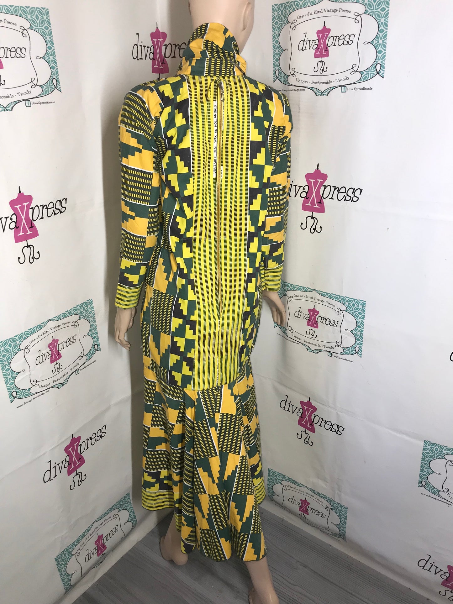 Vintage Yellow/Green Flare African Style Dress Size M